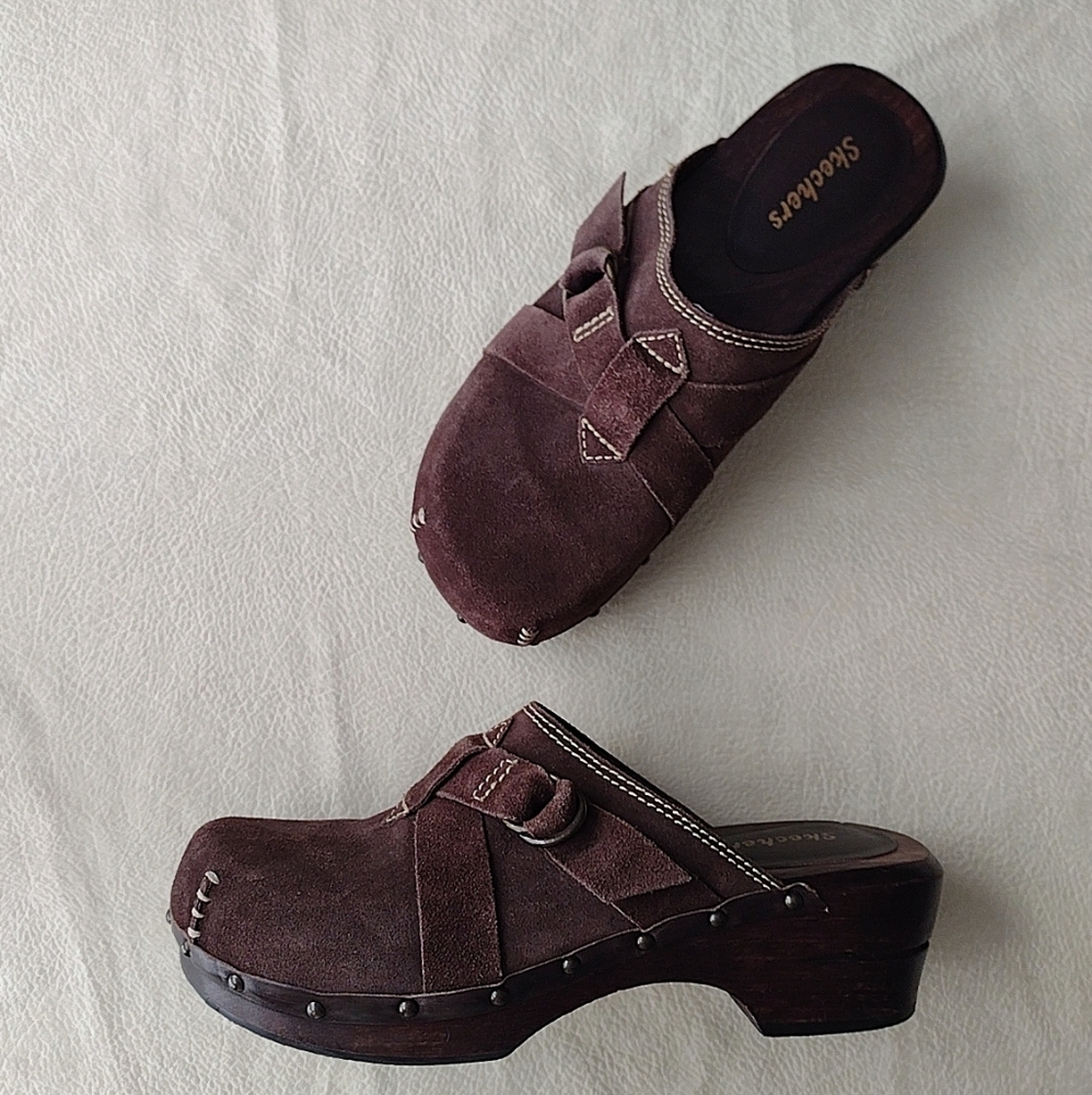 Sketchers | Vintage Chunky Suede Leather Wood Studded Belted Slip On Clogs Mules